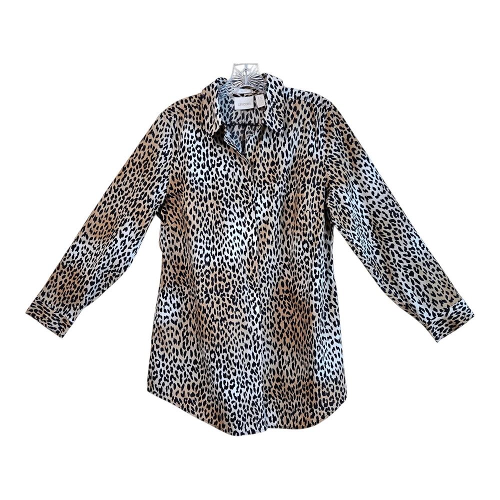 CHICO'S 1.5 Women's 10 Tunic Blouse Leopard Button Up Long Sleeve No Iron 40"